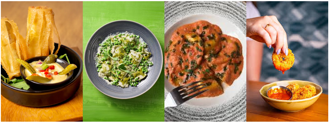 Graphic showing examples of dairy dishes where filled or stuffed descriptors are used